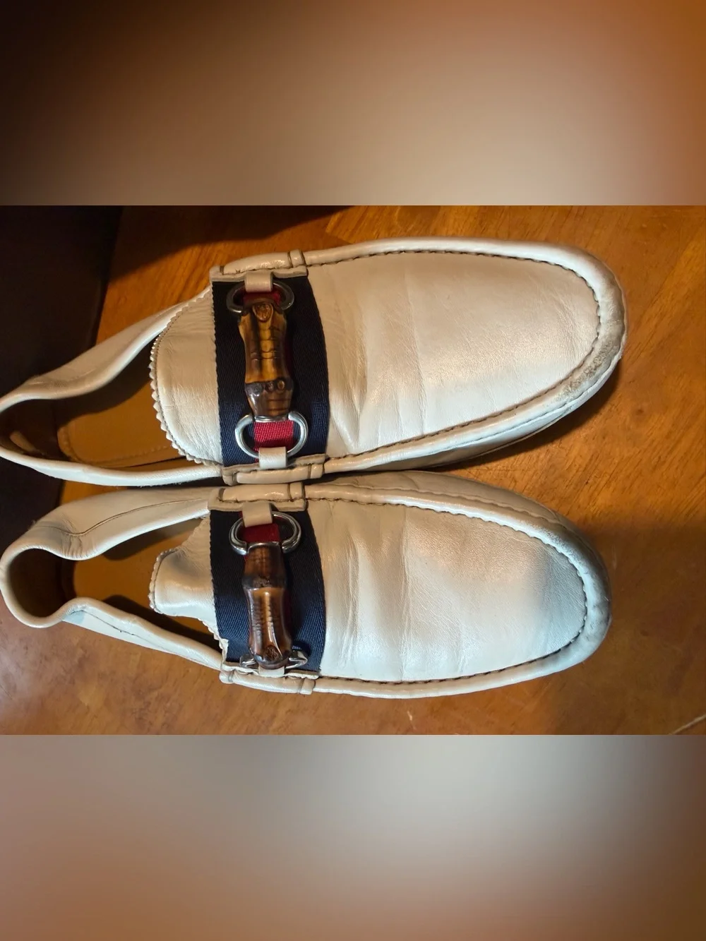 Gucci White Leather Loafers with Navy & Red Web and Bamboo Bit